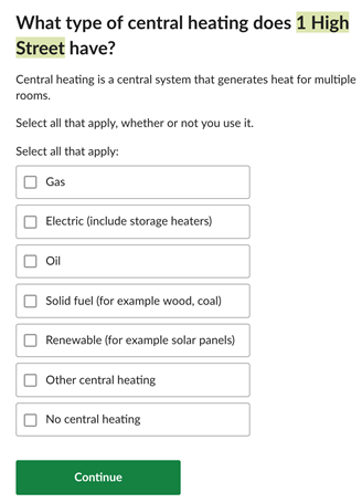 Example of a question on the census that asks about the type of central heating.