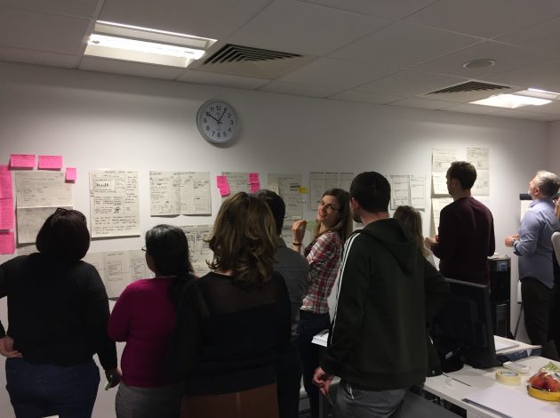 The group looking at proposed solutions on the wall