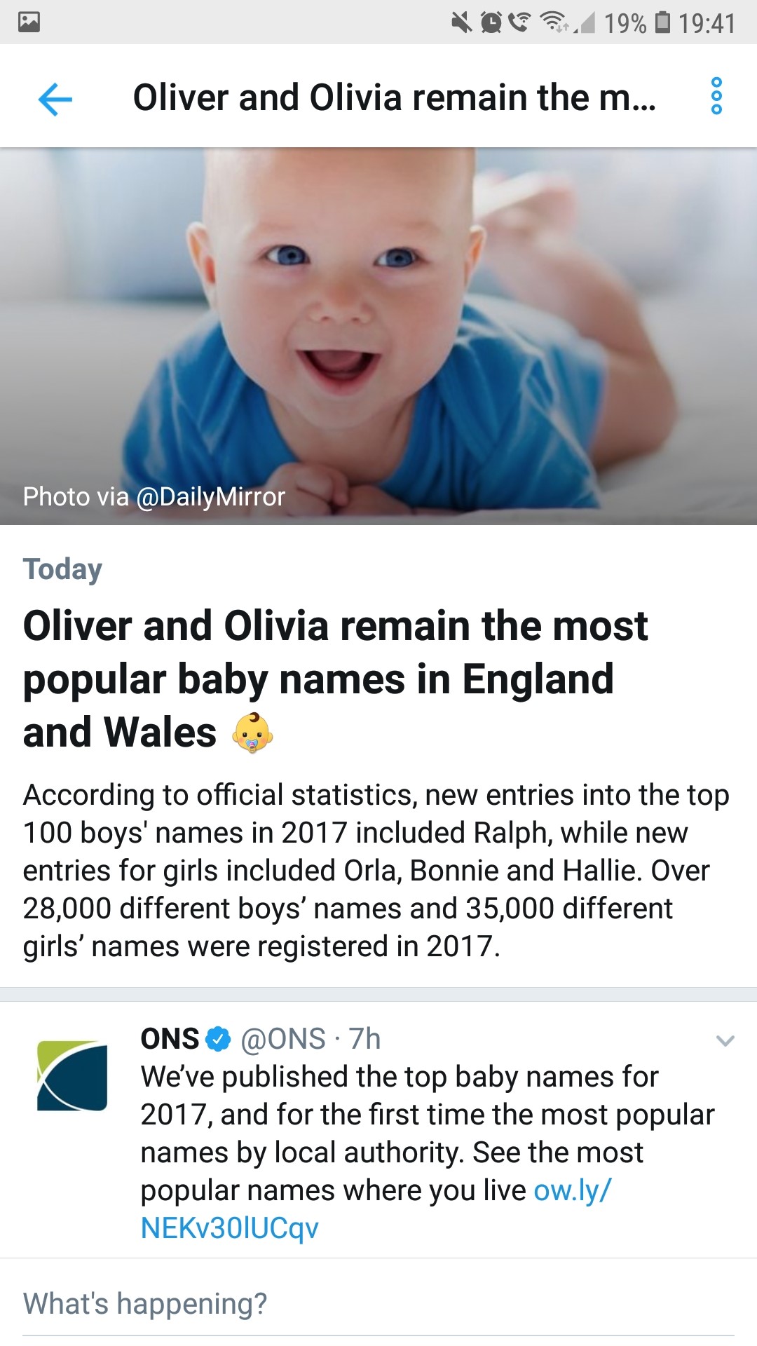 A screenshot of Twitter showing the baby name curated content