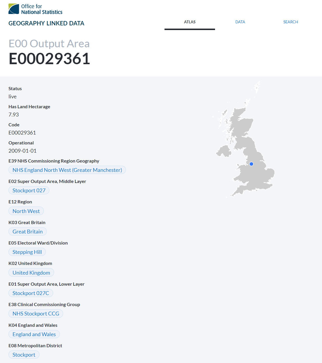screenshot of an individual small output area within geography site