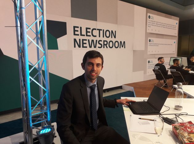 Author Phil Leake sat at his laptop in the election newsroom.