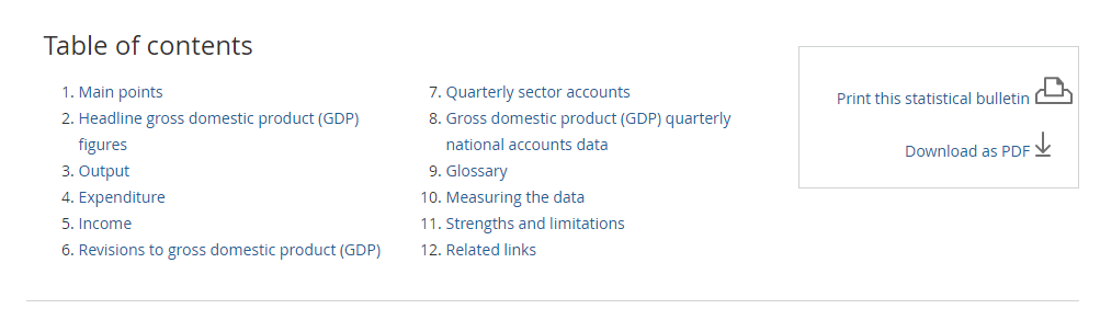 Table of contents on the ONS website