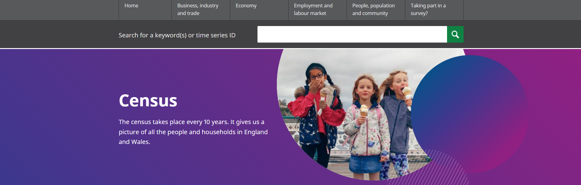 Grey search bar, navigation bar and purple banner on the Census 2021 page