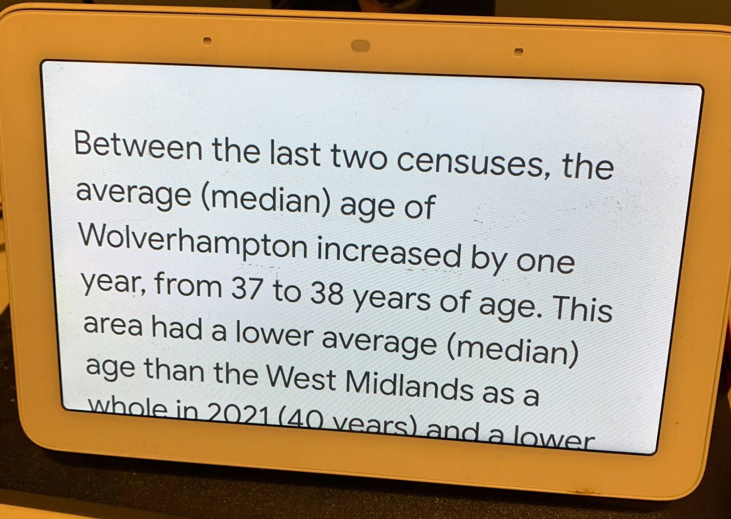 Google Assistant showing the average age in Wolverhampton from the change over time articles