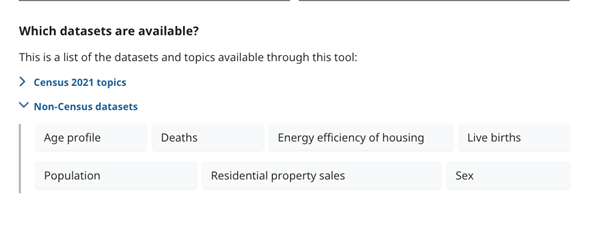 Screenshot of datasets available from the homepage on the build a custom area profile products. 
